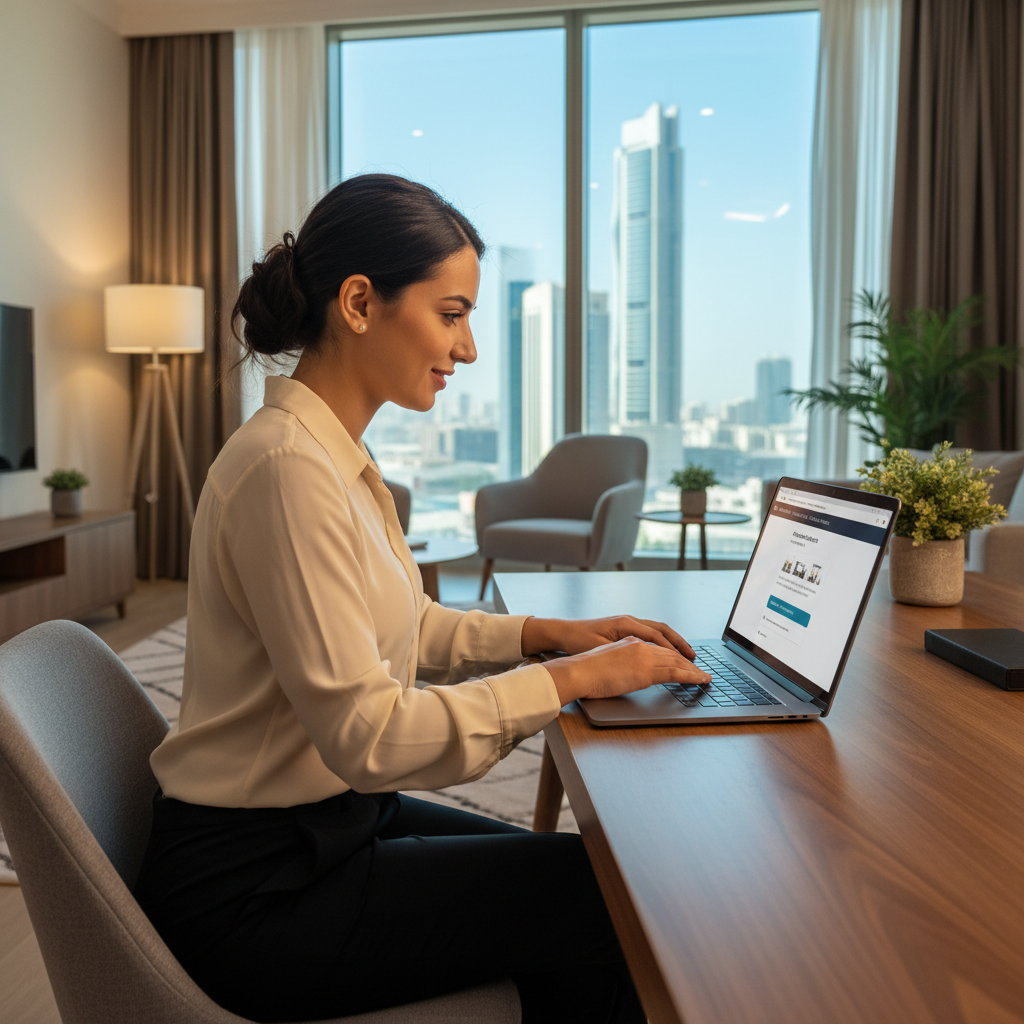 A photorealistic image of a young adult professional woman sitting at a modern desk in a bright apartment in Abu Dhabi, confidently using a laptop to submit an online rental application, with subtle UAE skyline visible through the window, conveying ease and modernity of electronic housing rental process, no children present.