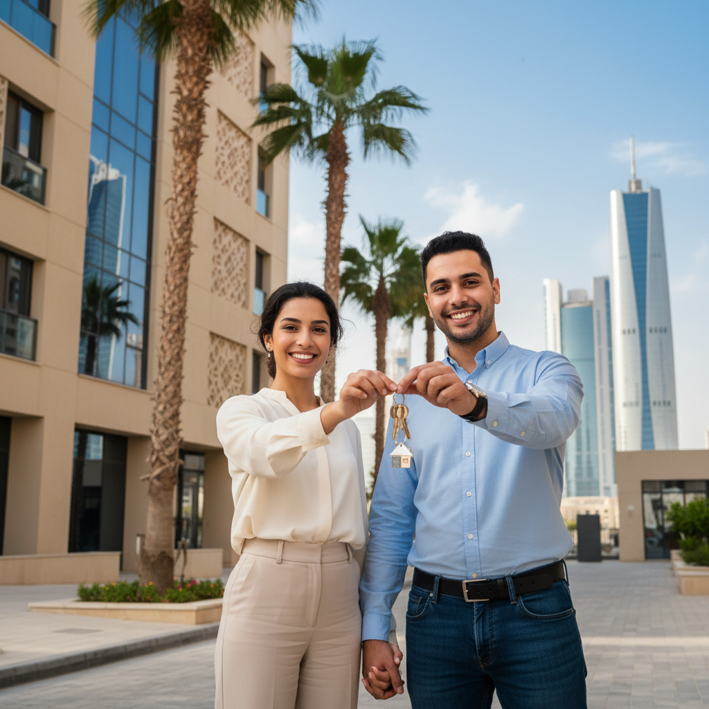 A photorealistic image of a young adult professional couple standing in front of a modern apartment building in a Saudi Arabian city, looking excited and holding keys to their new rental home, symbolizing the ease of renting housing in the Kingdom. No children are present in the scene.