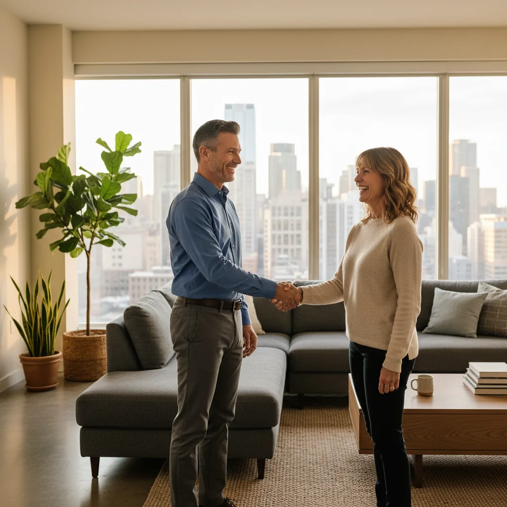 A photorealistic image of two adults shaking hands in a modern, well-lit apartment living room, symbolizing the agreement to rent the residential space. The room features cozy furniture, large windows with city views, and subtle rental agreement vibes without showing any documents. No children present.