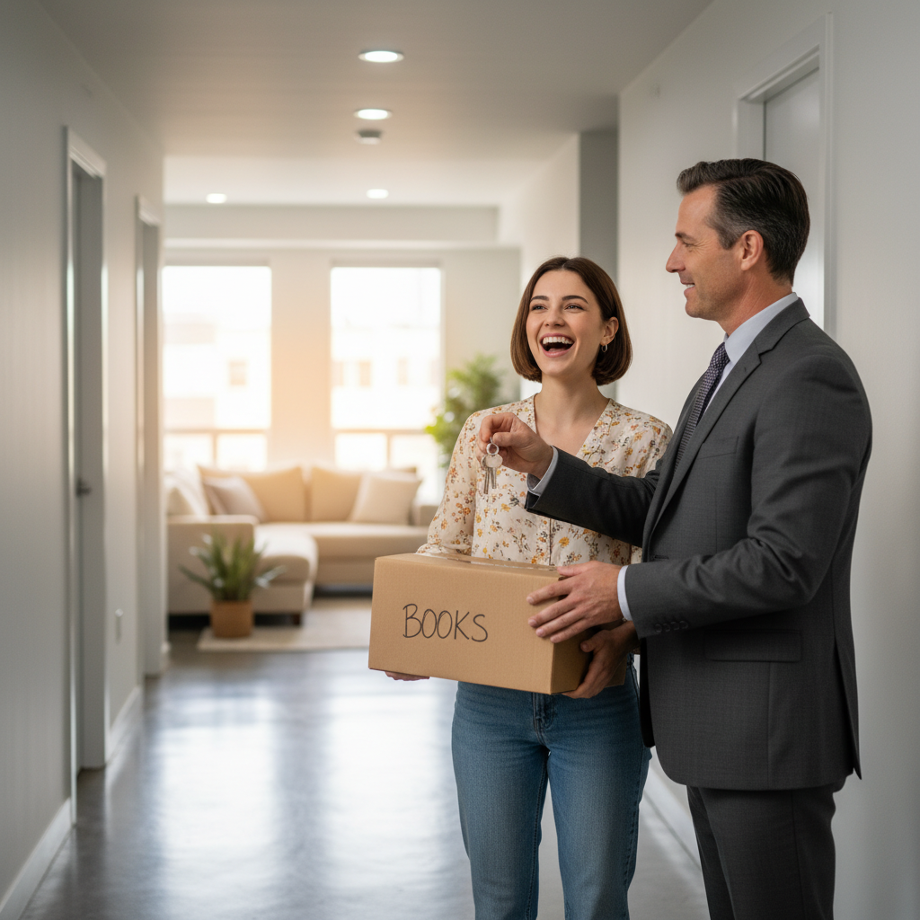 A photorealistic image of a young adult woman smiling happily as she receives keys to a new apartment from a real estate agent, symbolizing successful approval of a residential rental application. The scene is set in a modern apartment building hallway, with the woman holding a small moving box, conveying excitement and relief about securing her new home. No children are present in the image.