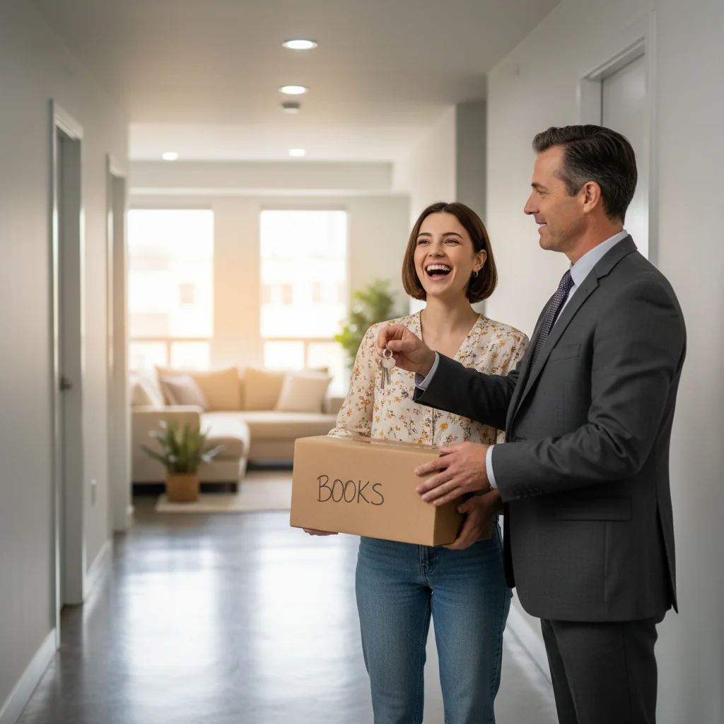 A photorealistic image of a young adult woman smiling happily as she receives keys to a new apartment from a real estate agent, symbolizing successful approval of a residential rental application. The scene is set in a modern apartment building hallway, with the woman holding a small moving box, conveying excitement and relief about securing her new home. No children are present in the image.