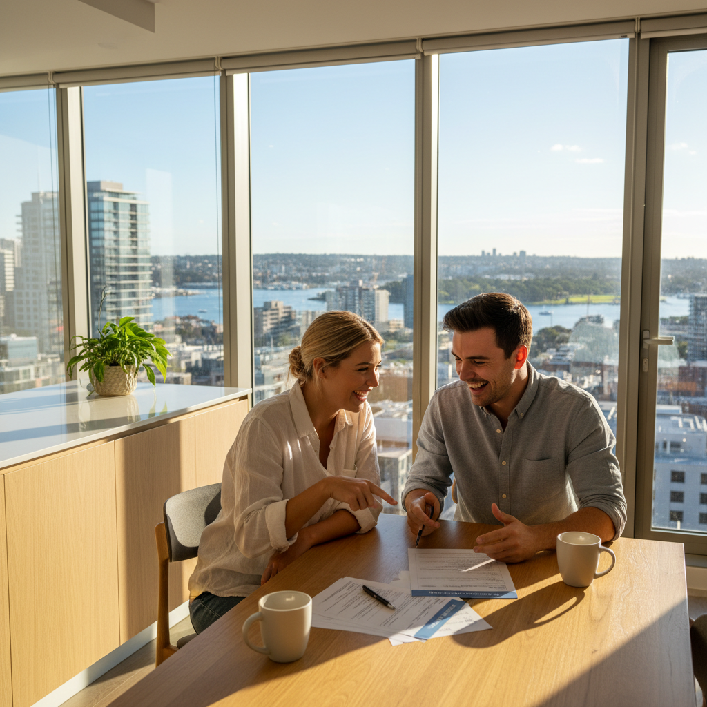 A photorealistic image of a young adult professional couple in a modern Australian apartment, excitedly reviewing rental application papers together at a kitchen table, with city skyline visible through the window, symbolizing the process of applying for a rental property without focusing on the documents themselves.