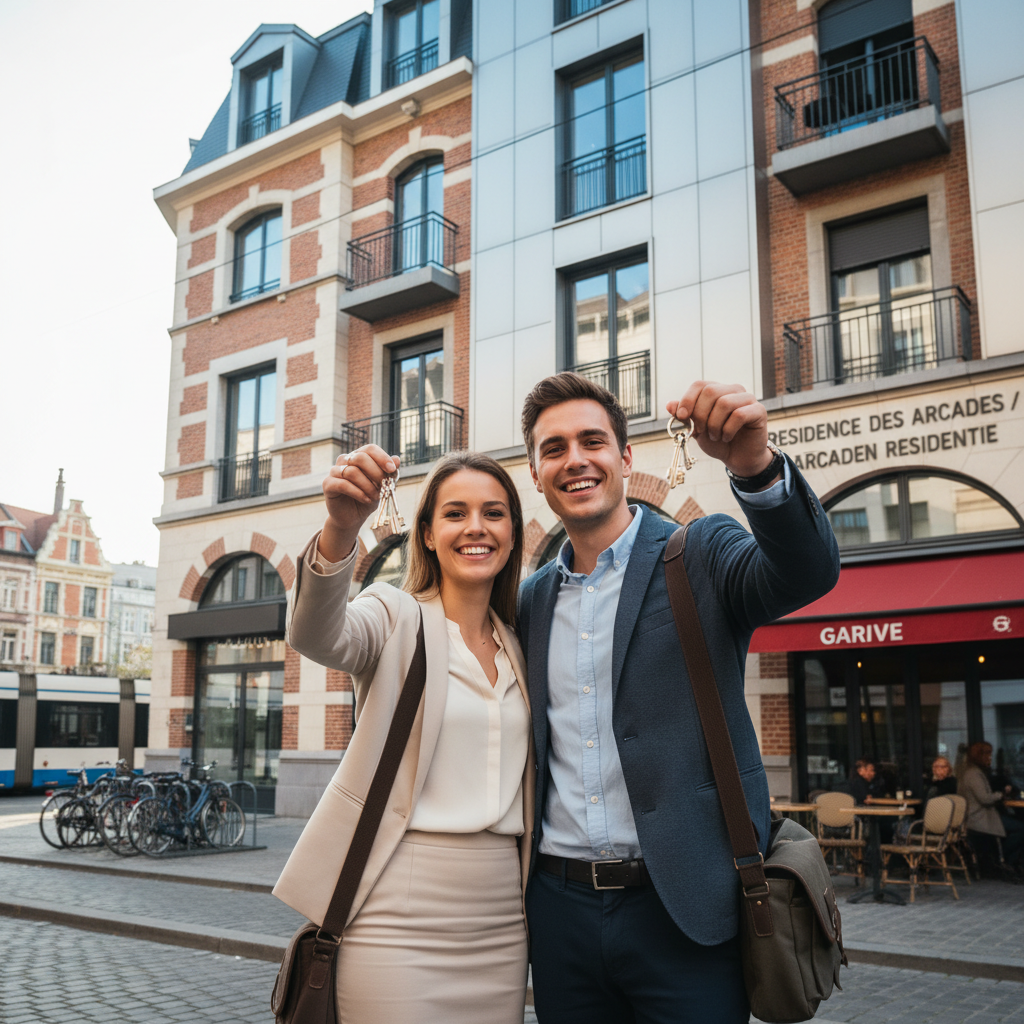 A photorealistic image of a young adult couple standing in front of a modern apartment building in Belgium, smiling confidently while holding a set of keys, symbolizing successful housing rental. The scene includes Belgian street elements like cobblestone paths and European architecture, conveying hope and achievement in finding a home. No children are present.