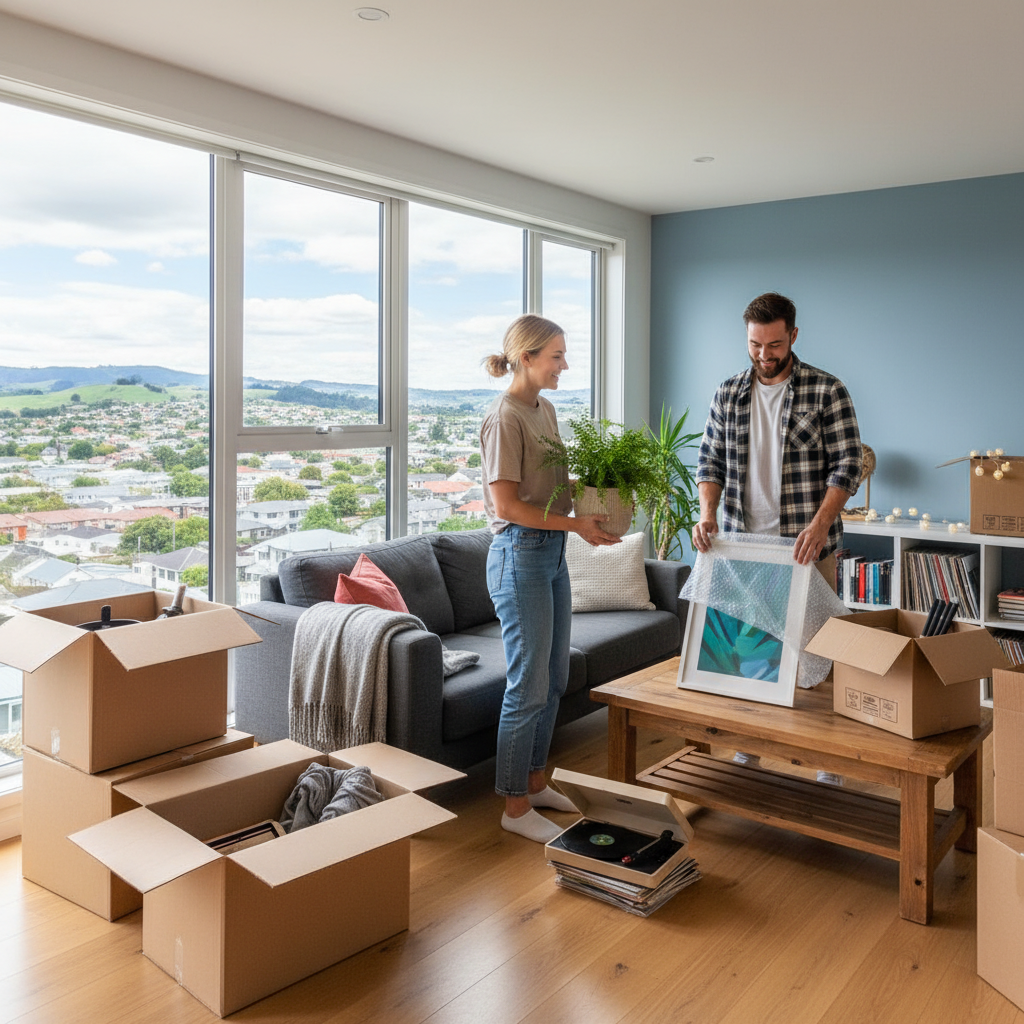 A photorealistic image of a young adult couple happily moving into a modern apartment in New Zealand, unpacking boxes in a bright living room with views of urban skyline or green hills, symbolizing the start of tenancy without showing any documents.