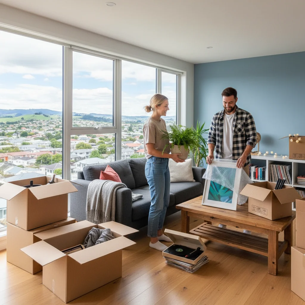 A photorealistic image of a young adult couple happily moving into a modern apartment in New Zealand, unpacking boxes in a bright living room with views of urban skyline or green hills, symbolizing the start of tenancy without showing any documents.