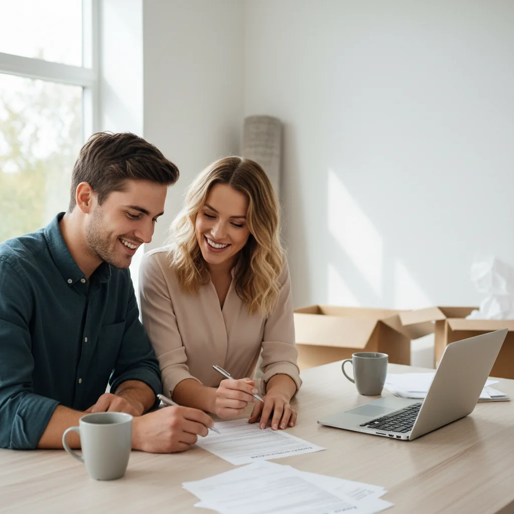 A photorealistic image of a young adult professional couple sitting at a kitchen table in a modern apartment, reviewing a rental application form together with focused expressions, symbolizing preparation and avoiding mistakes in the rental process. The scene conveys relief and success in securing a new home, with subtle background elements like moving boxes or apartment keys, but no actual document details visible. No children are present in the image.