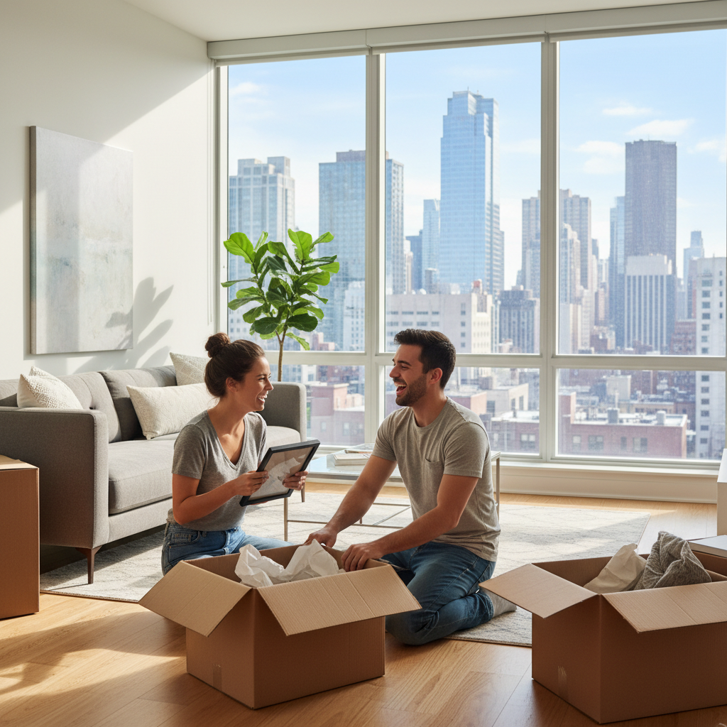 A photorealistic image of a young adult couple in their mid-20s, happily moving into a cozy modern apartment, carrying moving boxes and smiling at each other in the living room with large windows showing a city view. The scene conveys the excitement of starting a new rental home, with warm natural lighting and detailed realistic textures. No children are present in the image.