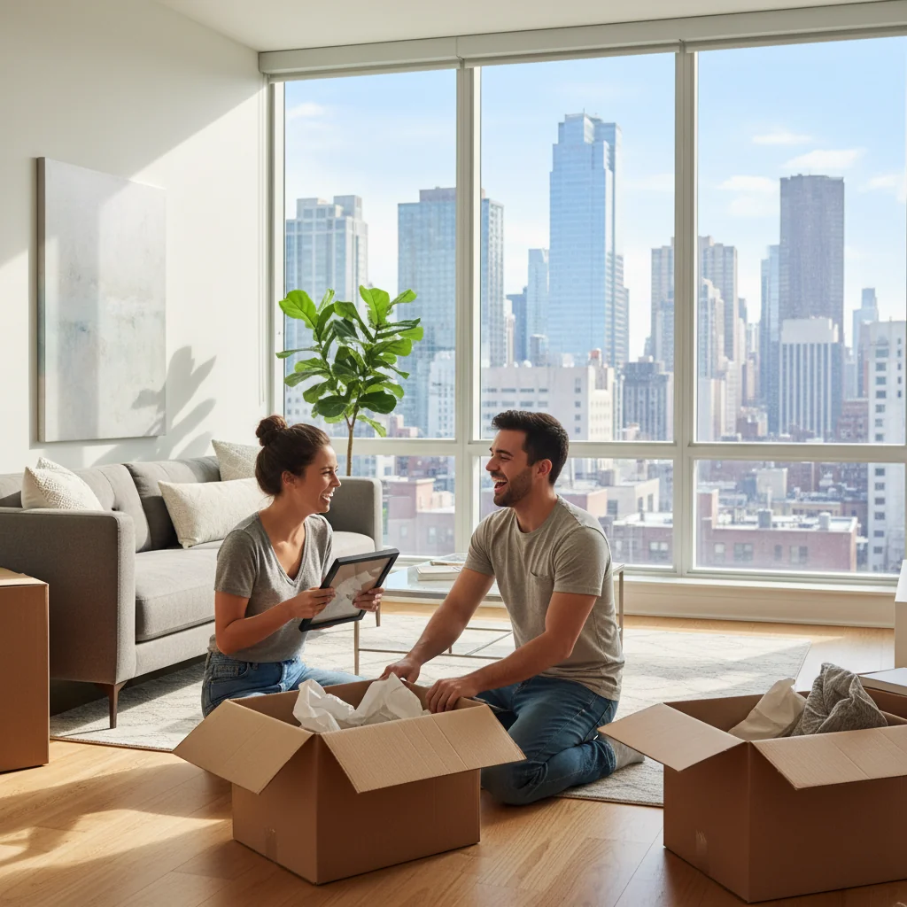 A photorealistic image of a young adult couple in their mid-20s, happily moving into a cozy modern apartment, carrying moving boxes and smiling at each other in the living room with large windows showing a city view. The scene conveys the excitement of starting a new rental home, with warm natural lighting and detailed realistic textures. No children are present in the image.