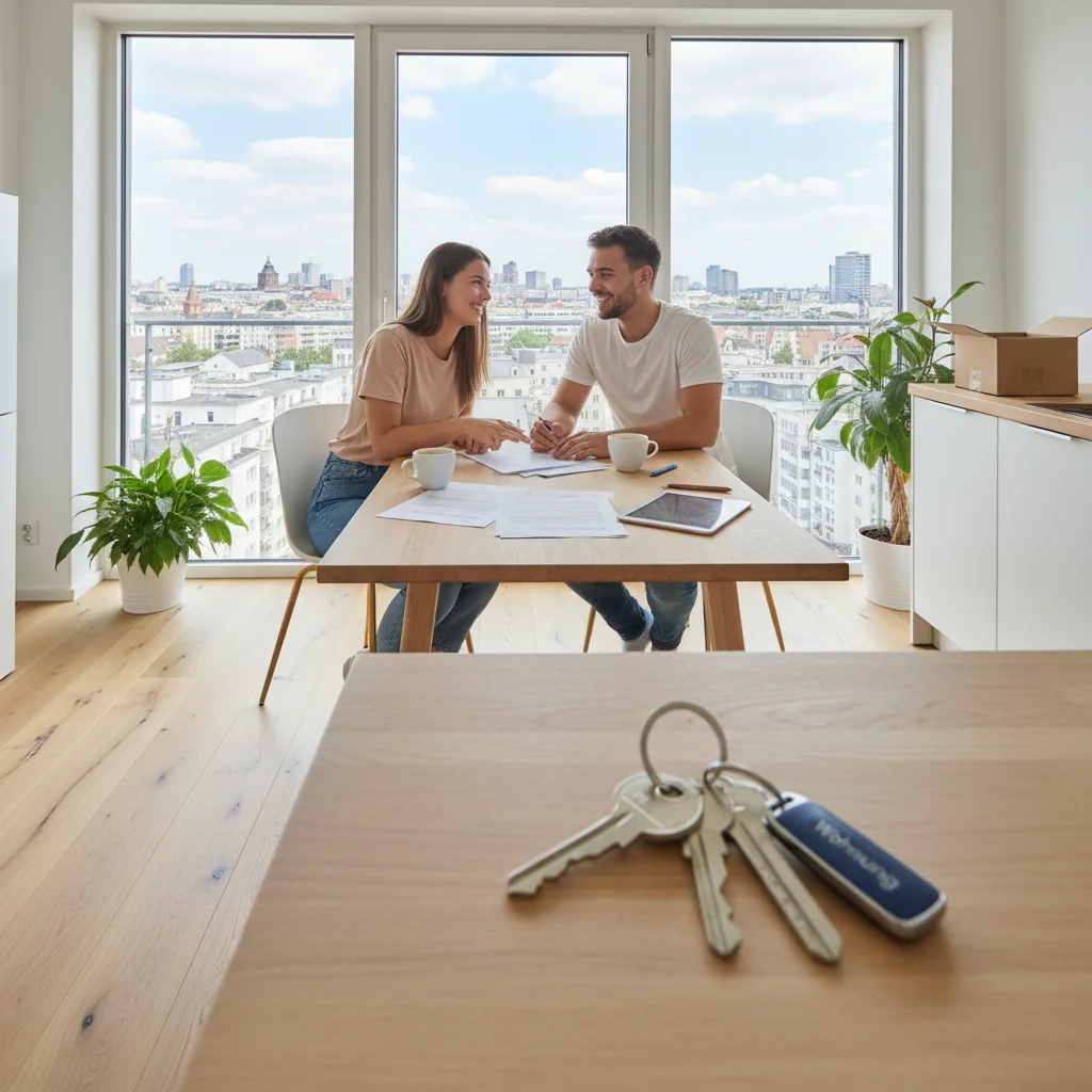 A photorealistic image of a young adult couple in a modern German apartment, excitedly reviewing a stack of documents on a kitchen table while holding apartment keys, symbolizing the application process for renting a home in Germany, with no children present.