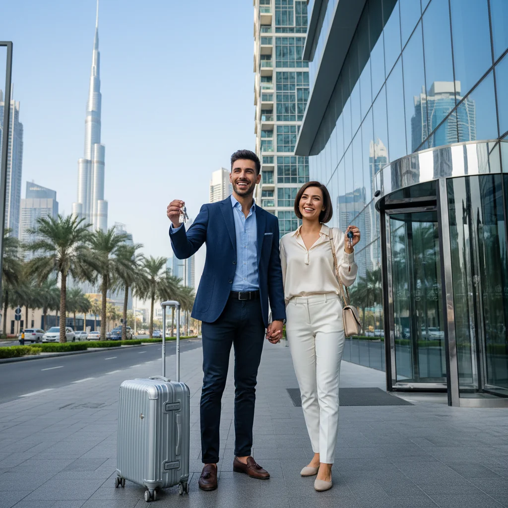 A photorealistic image depicting a young adult professional couple standing in front of a modern apartment building in Dubai, holding a set of keys and smiling happily as they prepare to move into their new rental home. The scene captures the excitement of securing residential accommodation in a vibrant urban setting, with the Dubai skyline in the background, but no legal documents are visible. No children are present in the image.