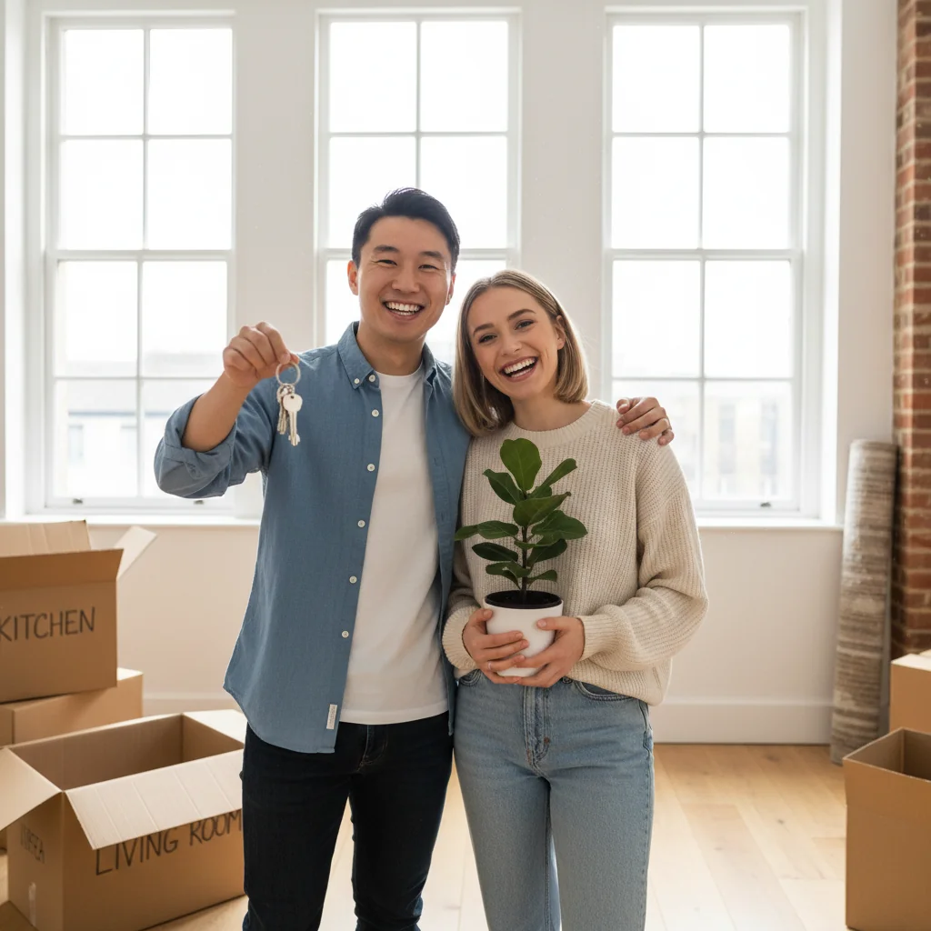 A photorealistic image of a young adult couple in their mid-20s, standing in a modern, bright UK apartment, smiling as they unpack boxes and hold a set of keys, symbolizing the excitement of starting a new tenancy in the UK, with no children present.