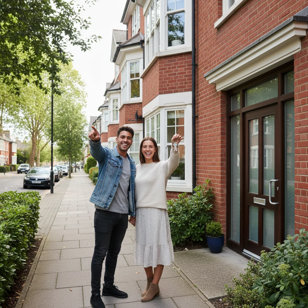 A photorealistic image of a young adult couple standing outside a modern UK apartment building, looking excited as they hold a set of keys to their new rental home, symbolizing the successful completion of a tenancy application process. The scene is set in a typical British urban neighborhood with terraced houses in the background, under a partly cloudy sky. No children are present in the image.