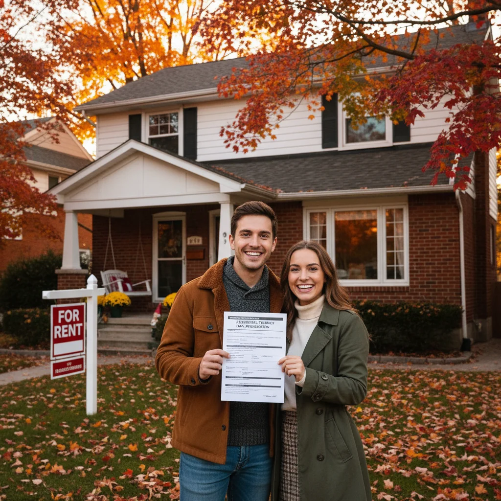 A photorealistic image of a young adult couple standing outside a modern Canadian suburban home, holding a rental application form in their hands, smiling confidently as they prepare to move in, with a 'For Rent' sign in the yard and maple leaves on the trees to evoke Canada, no children present.