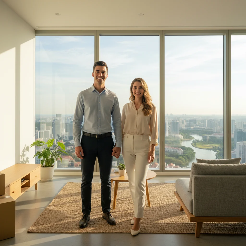 A photorealistic image of a young adult professional couple standing in a modern, spacious apartment in Singapore, looking at a city skyline view from a balcony, symbolizing the excitement of starting a new tenancy. The scene captures the joy of home rental without showing any documents or children.