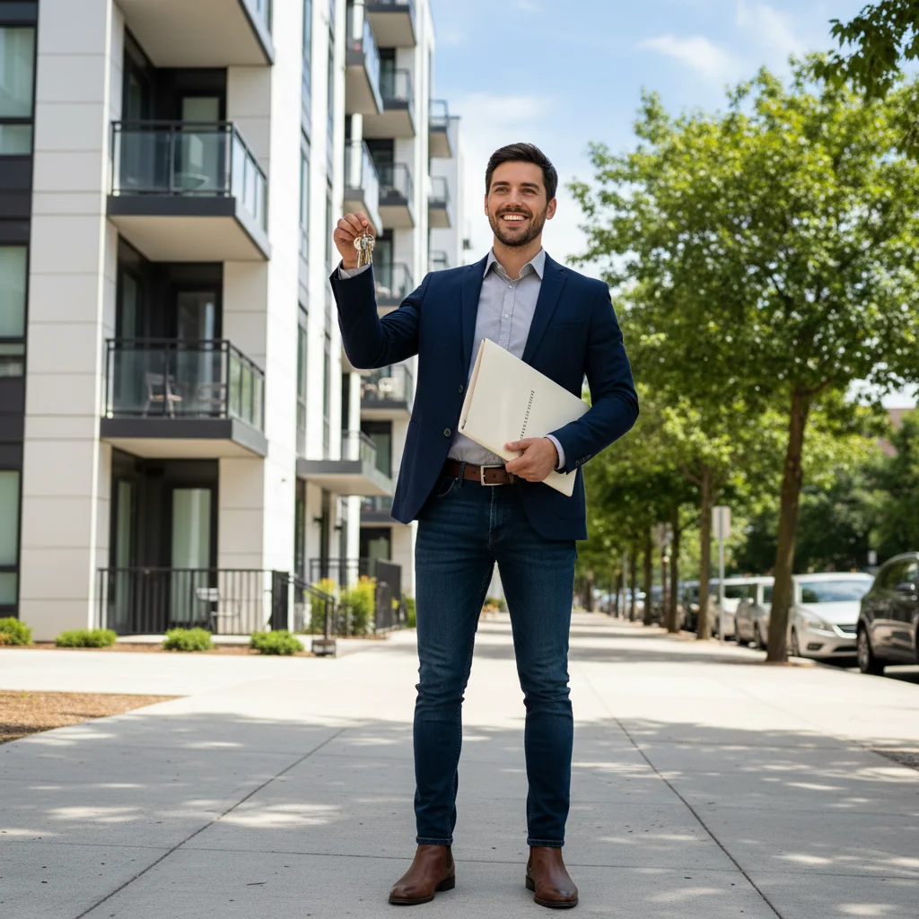 A photorealistic image of a young adult professional standing in front of a modern apartment building, holding a set of keys in one hand and a rental agreement folder in the other, looking excited and relieved about securing their new home. The scene conveys the positive aspects of renting a house, with no children present, set during a sunny day in an urban neighborhood.