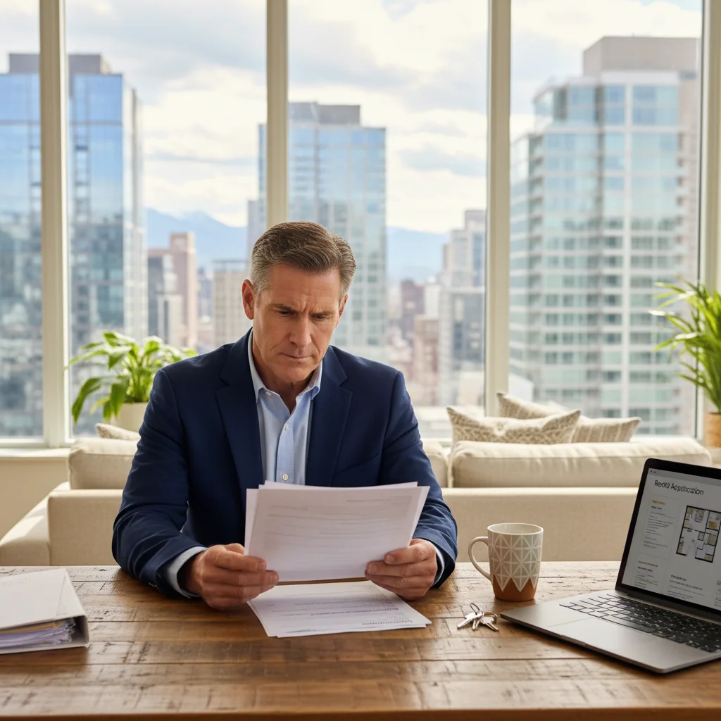 A photorealistic image depicting a professional landlord reviewing rental applications in a modern apartment setting, symbolizing the evaluation process for tenants in the United States. The focus is on the landlord's attentive expression and organized workspace with subtle rental-related items like keys and property photos, but no legal documents visible.