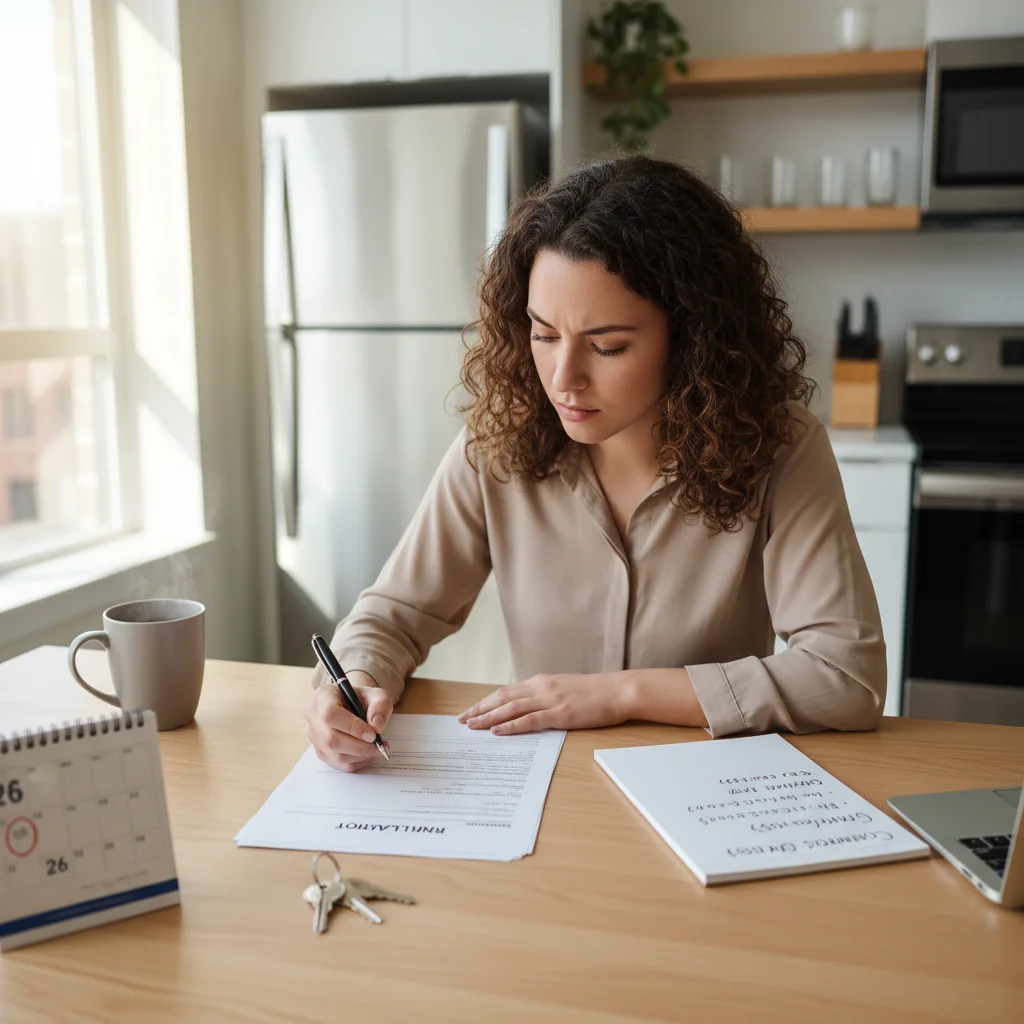 A photorealistic image of a young adult woman in a modern apartment, carefully reviewing a rental application form on a table, with keys and a lease agreement nearby, symbolizing the process of applying for a rental property without focusing on the document itself.