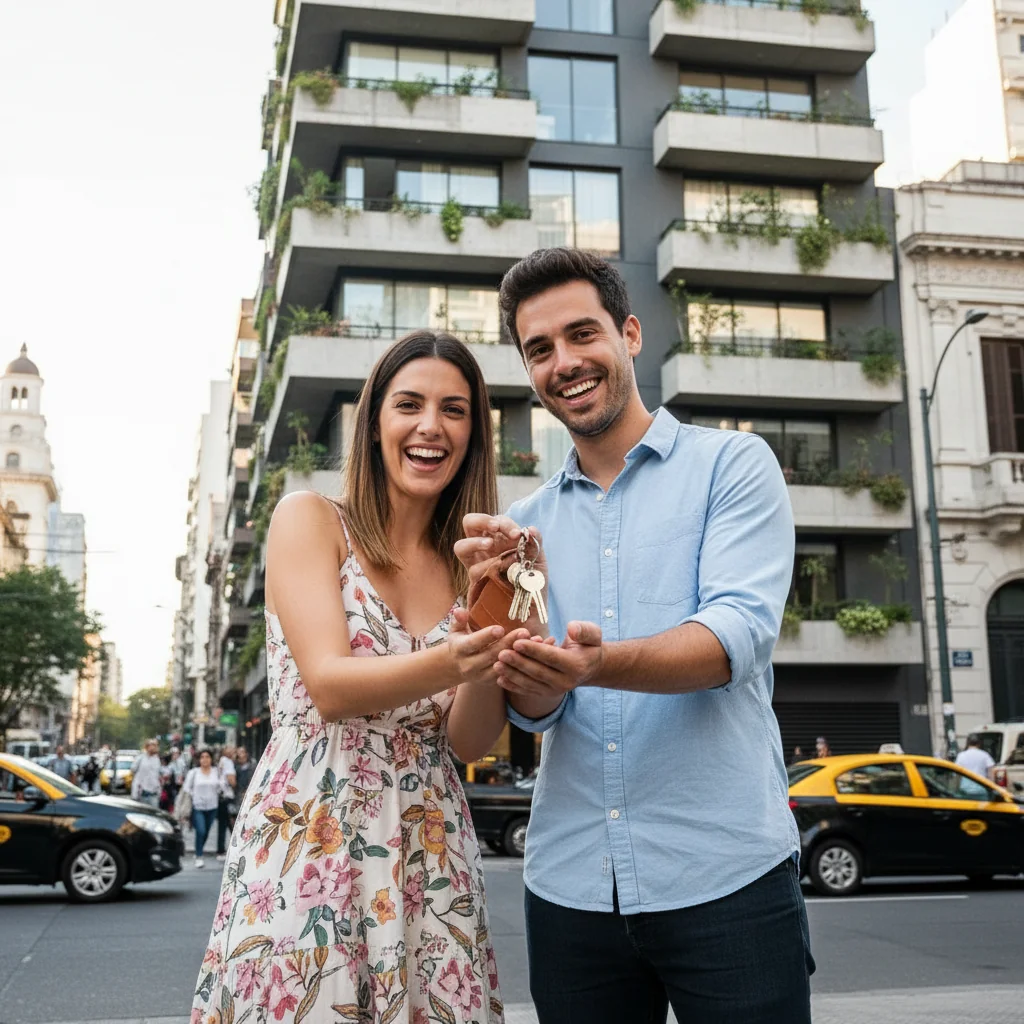 A photorealistic image of a young adult couple standing in front of a modern apartment building in an Argentine city neighborhood, looking excited and holding a set of keys, symbolizing the successful rental of a residential property. The scene captures the essence of starting a new home in Argentina without focusing on documents.