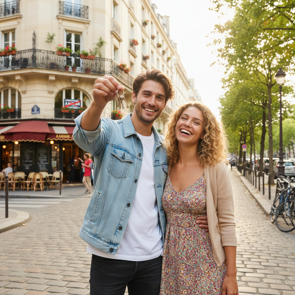 A photorealistic image of a young adult couple standing in front of a modern French apartment building in a vibrant urban neighborhood, smiling excitedly as they hold keys to their new home, symbolizing the joy of securing a rental in France. The scene captures the essence of starting a new chapter in life through housing application success, with no children present.