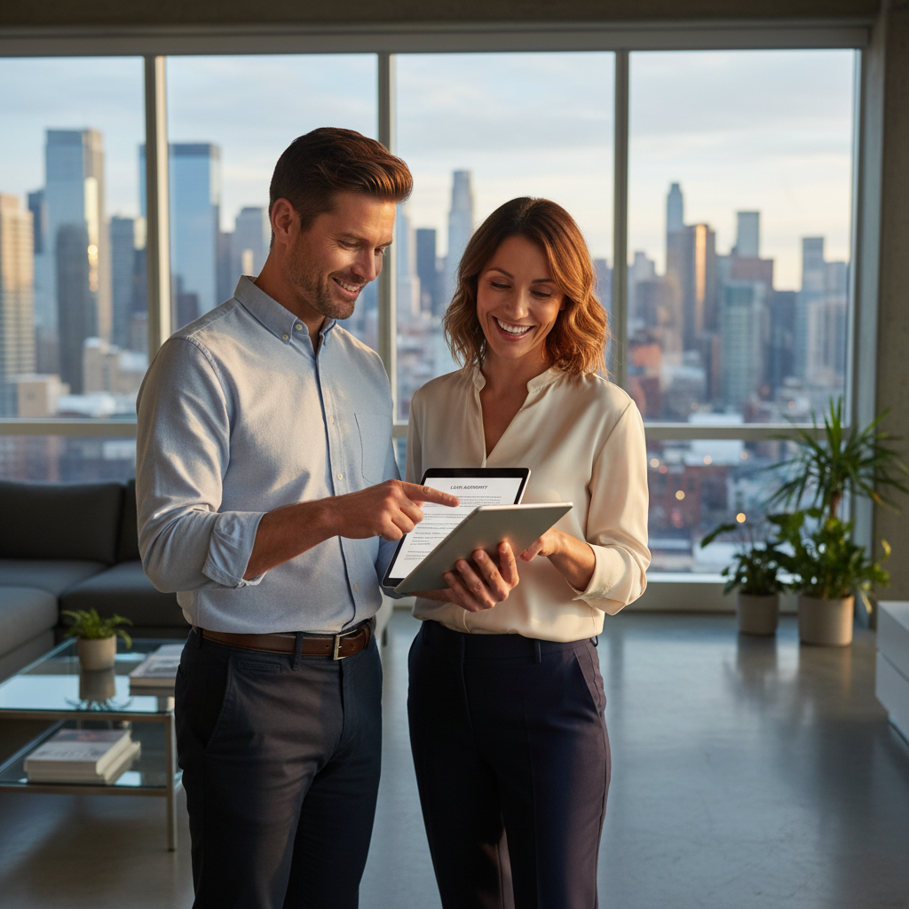 A photorealistic image of an adult professional couple in their mid-30s, standing in a modern, well-lit apartment living room, reviewing a housing rental agreement on a tablet while smiling confidently, symbolizing the process of applying for a house lease contract. The scene conveys security and excitement about new housing, with no children present.