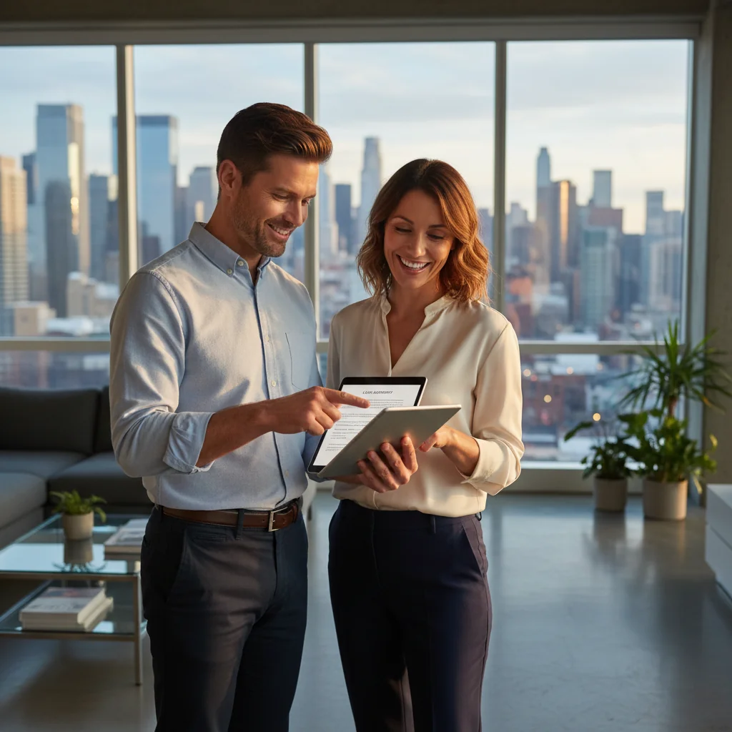 A photorealistic image of an adult professional couple in their mid-30s, standing in a modern, well-lit apartment living room, reviewing a housing rental agreement on a tablet while smiling confidently, symbolizing the process of applying for a house lease contract. The scene conveys security and excitement about new housing, with no children present.