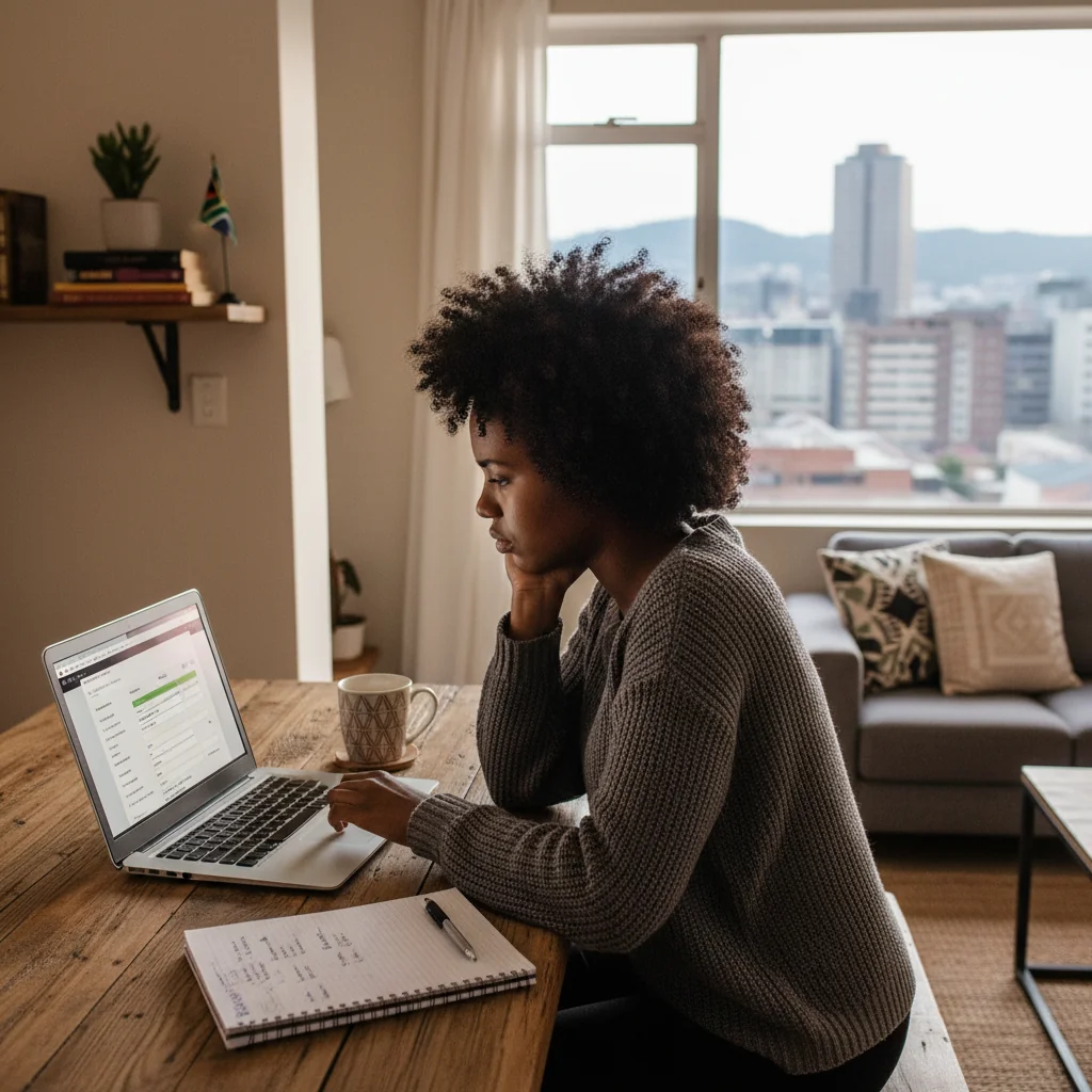 A photorealistic image of a young adult South African woman with a concerned expression, sitting at a kitchen table in a modest Johannesburg apartment, reviewing a rental application form on her laptop, surrounded by subtle elements like a city skyline view from the window and a map of South Africa on the wall, symbolizing the challenges and importance of a successful rental application in South Africa.