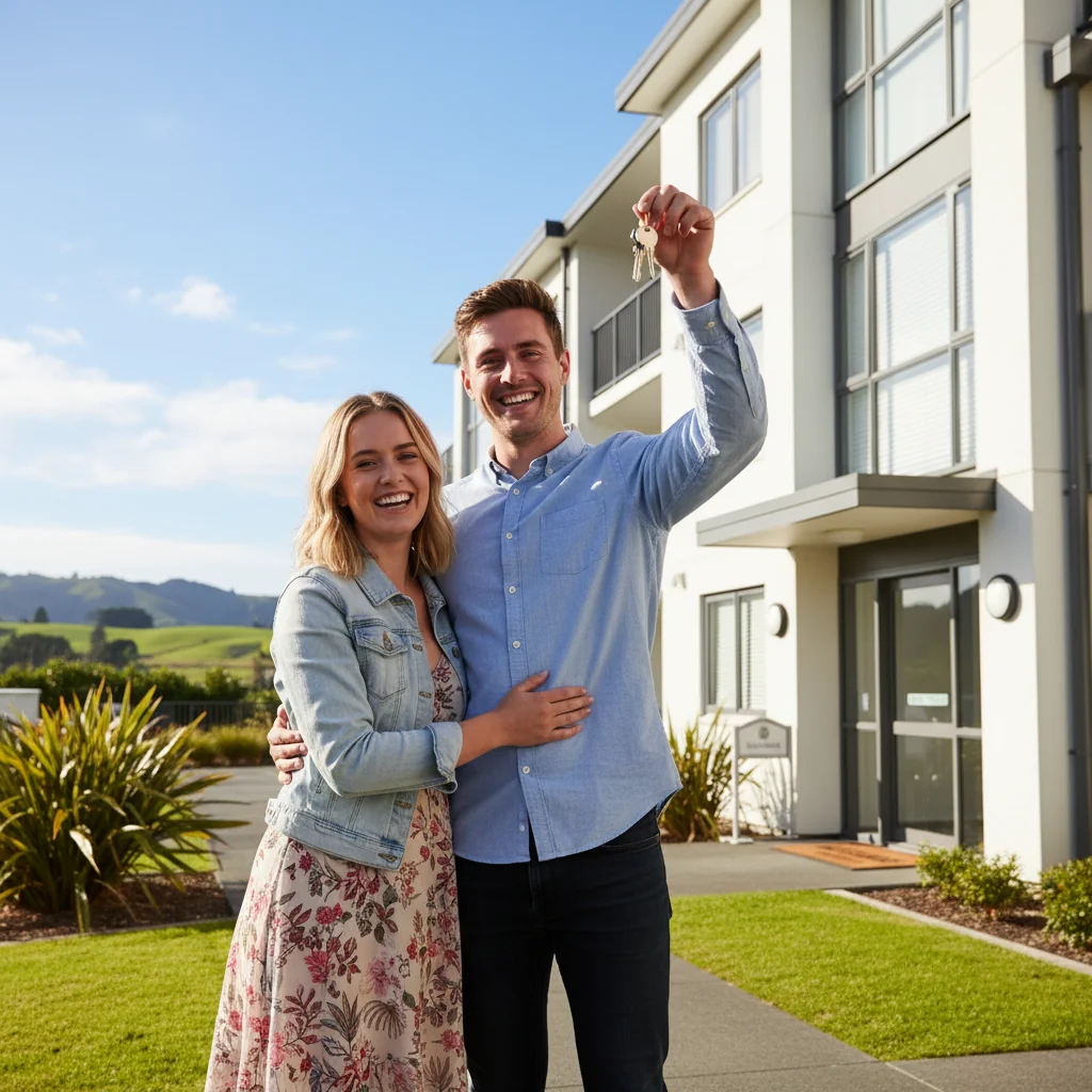 A photorealistic image of a young adult couple in their mid-20s, smiling excitedly as they stand in front of a modern, cozy apartment building in a suburban New Zealand neighborhood, holding a set of keys symbolizing successful tenancy approval, with lush green hills and a clear blue sky in the background to evoke the purpose of securing a rental home.