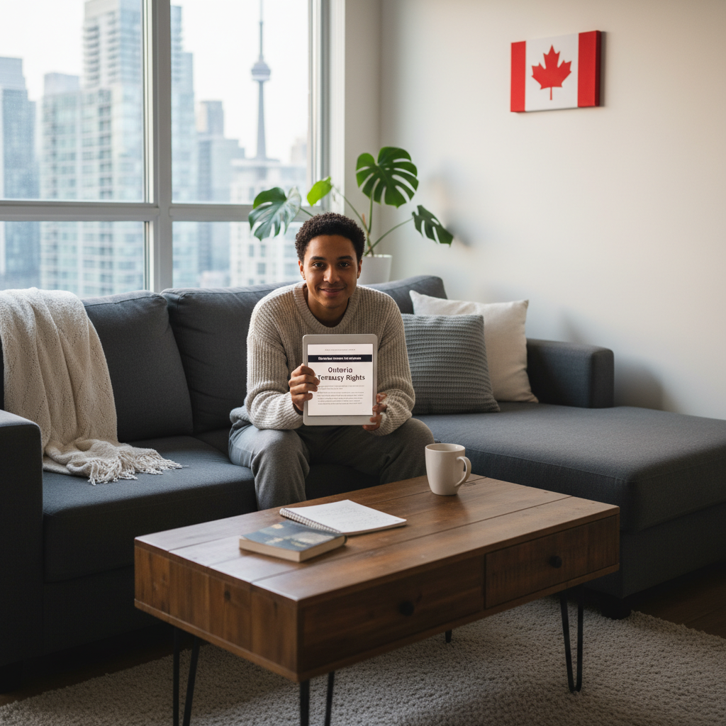 A photorealistic image of a young adult tenant in a modern Canadian apartment, reviewing tenancy rights information on a tablet while sitting comfortably on a couch, looking empowered and informed, with subtle Canadian elements like a maple leaf in the background. No children are present in the scene.