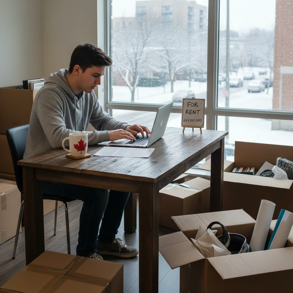 A photorealistic image of a young adult Canadian applicant looking stressed while filling out a rental application form on a laptop in a cozy apartment, surrounded by moving boxes and a 'For Rent' sign in the background, symbolizing the challenges of renting in Canada.