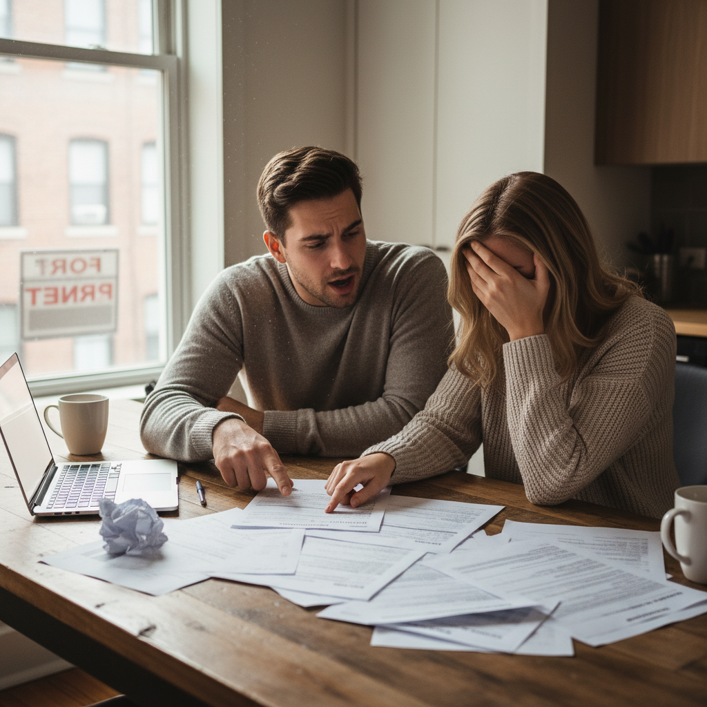 A photorealistic image of a young adult couple looking stressed while reviewing paperwork together at a kitchen table in a modern apartment, symbolizing common mistakes in rental applications, with subtle background elements like a 'for rent' sign visible through a window, no children present.