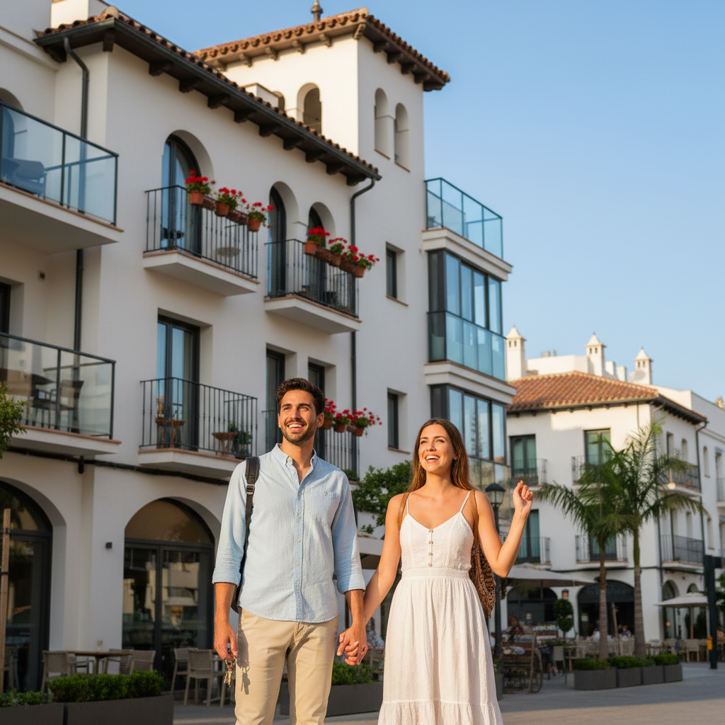 A photorealistic image of a young adult couple standing in front of a modern apartment building in a sunny Spanish city, looking excited and hopeful as they prepare to rent their first home, symbolizing the process of applying for housing rental in Spain.