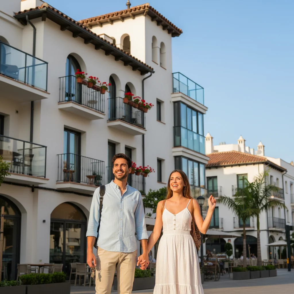 A photorealistic image of a young adult couple standing in front of a modern apartment building in a sunny Spanish city, looking excited and hopeful as they prepare to rent their first home, symbolizing the process of applying for housing rental in Spain.