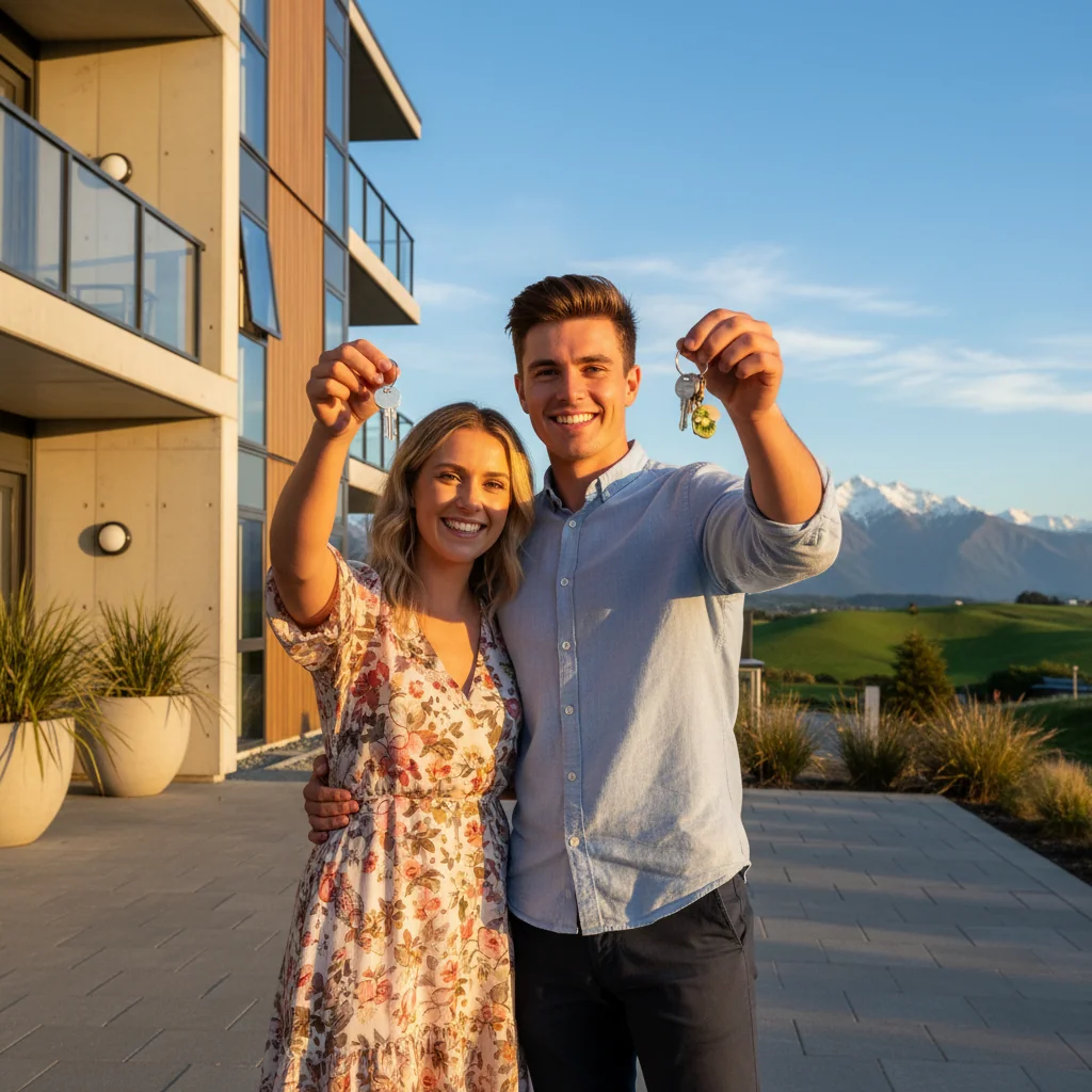 A photorealistic image of a young adult couple standing happily in front of a modern New Zealand rental apartment building, holding keys, symbolizing successful tenancy approval, with scenic Kiwi landscape in the background, no children present.