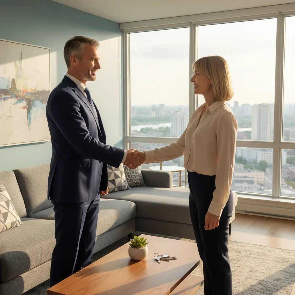 A photorealistic image of two adults shaking hands in a modern Russian apartment, symbolizing the agreement to rent a residential space, with keys to the apartment visible on a table nearby, conveying trust and the start of a tenancy without focusing on any legal documents.