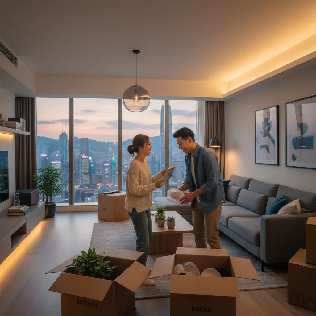 A photorealistic image of a young adult couple happily moving into a modern apartment in Hong Kong, unpacking boxes in a bright living room with city skyline view through the window, symbolizing the excitement of starting a new rental home.