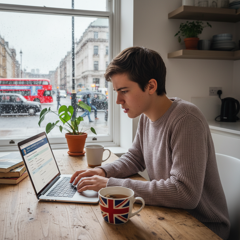 A photorealistic image of a young adult tenant in a modern UK apartment, looking stressed while reviewing a tenancy application form on a laptop at a kitchen table, with subtle UK elements like a Union Jack mug in the background, conveying the theme of avoiding common mistakes in the application process. No children are present in the scene.