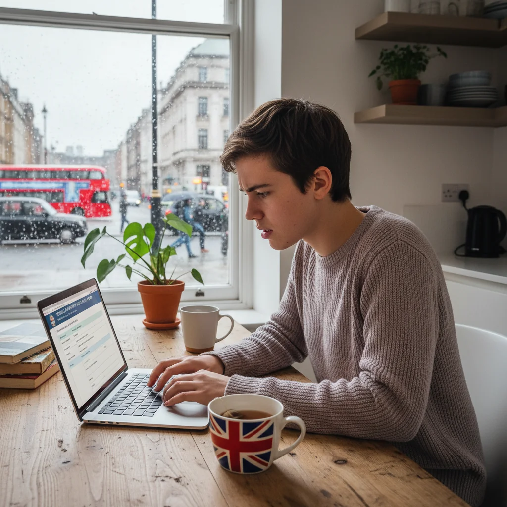 A photorealistic image of a young adult tenant in a modern UK apartment, looking stressed while reviewing a tenancy application form on a laptop at a kitchen table, with subtle UK elements like a Union Jack mug in the background, conveying the theme of avoiding common mistakes in the application process. No children are present in the scene.