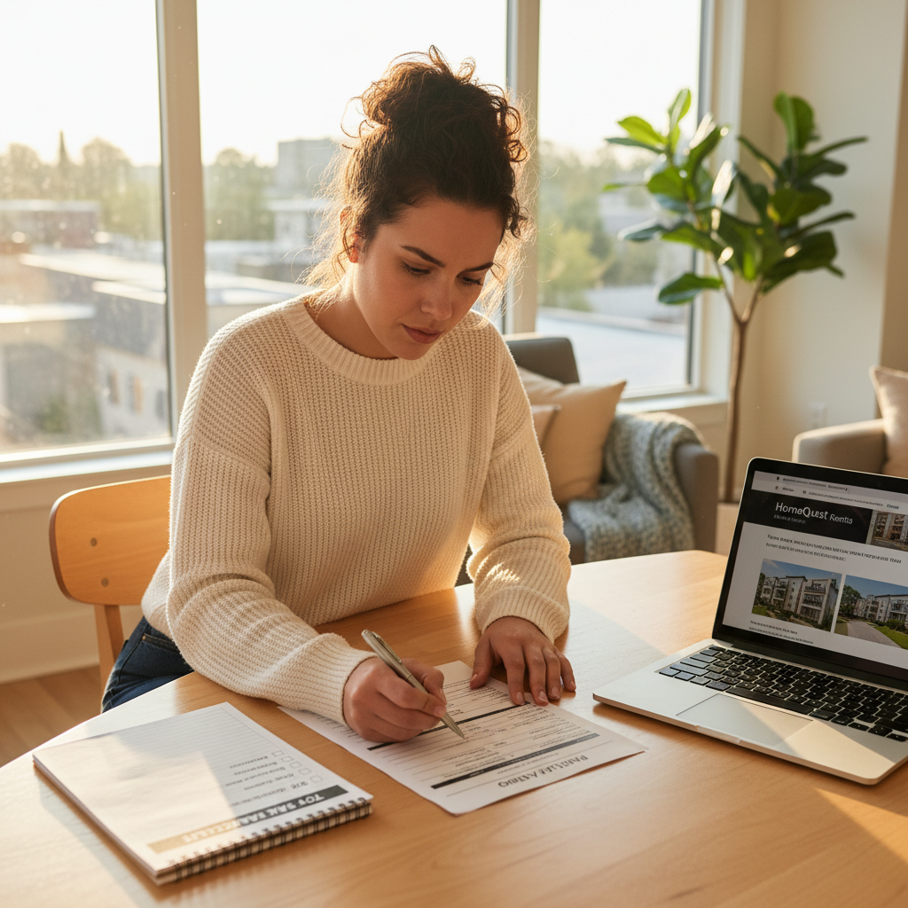 A photorealistic image of a young adult woman in a modern apartment, carefully reviewing a rental application form on a table, with subtle elements like a checklist and a pen nearby, symbolizing avoiding common mistakes in housing rental applications. The scene is bright and inviting, focusing on the purpose of careful preparation for renting a home.