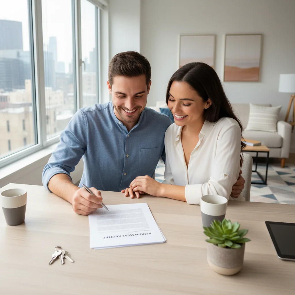 A photorealistic image of a young adult couple in a modern apartment, happily signing a lease agreement on a table with keys and house keys nearby, symbolizing the excitement of renting a new home. The scene conveys trust and security in housing rental without focusing on the document details.