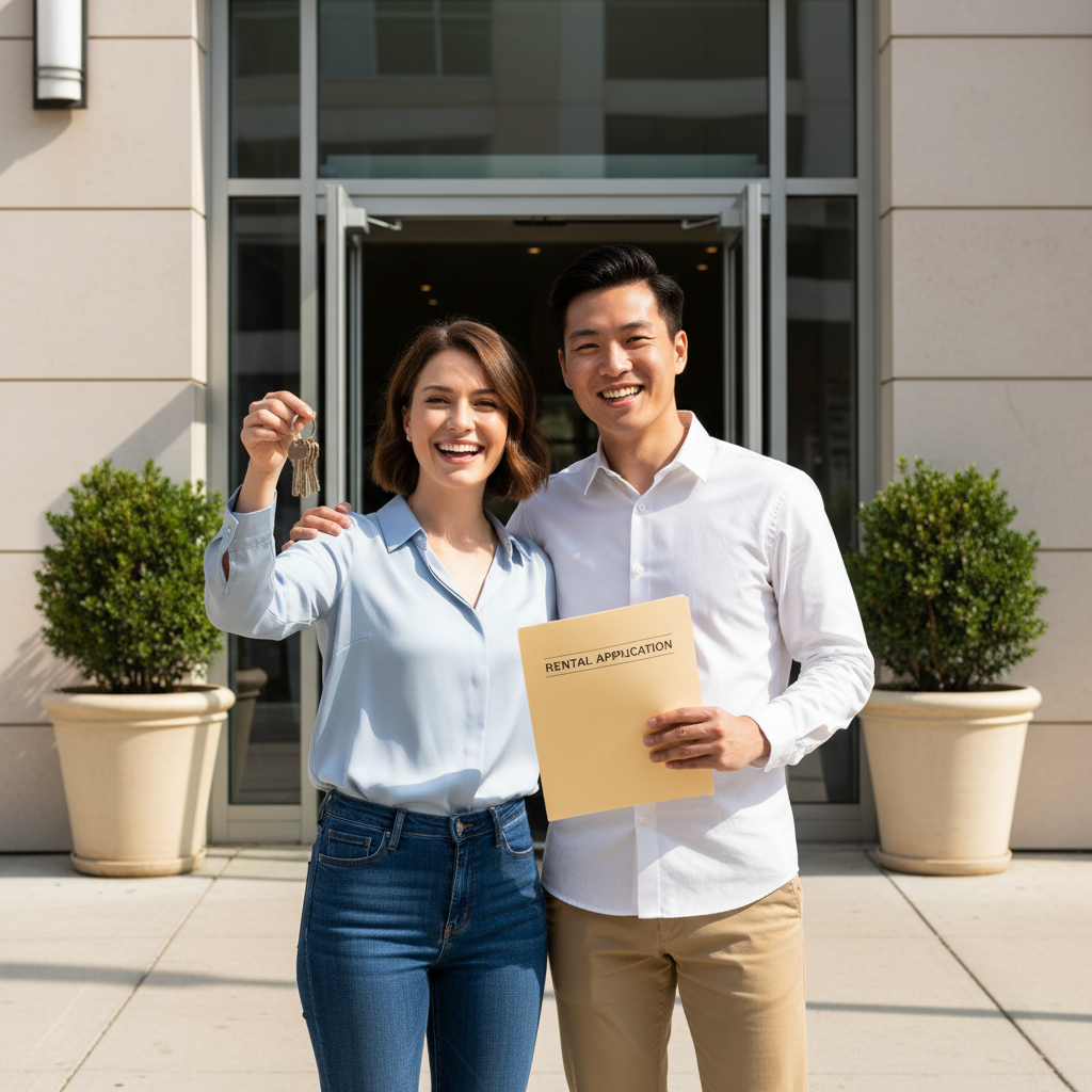A photorealistic image of an adult couple standing outside a modern apartment building, holding a set of keys in one hand and a folder of documents in the other, smiling excitedly as they prepare to enter their new rental home. The scene conveys the joy of securing a housing rental agreement, with the building's entrance visible in the background. No children are present in the image.