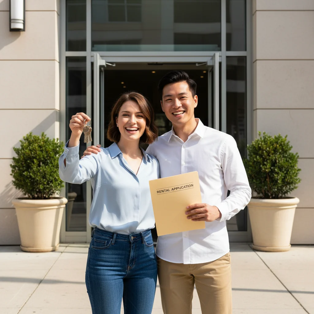 A photorealistic image of an adult couple standing outside a modern apartment building, holding a set of keys in one hand and a folder of documents in the other, smiling excitedly as they prepare to enter their new rental home. The scene conveys the joy of securing a housing rental agreement, with the building's entrance visible in the background. No children are present in the image.