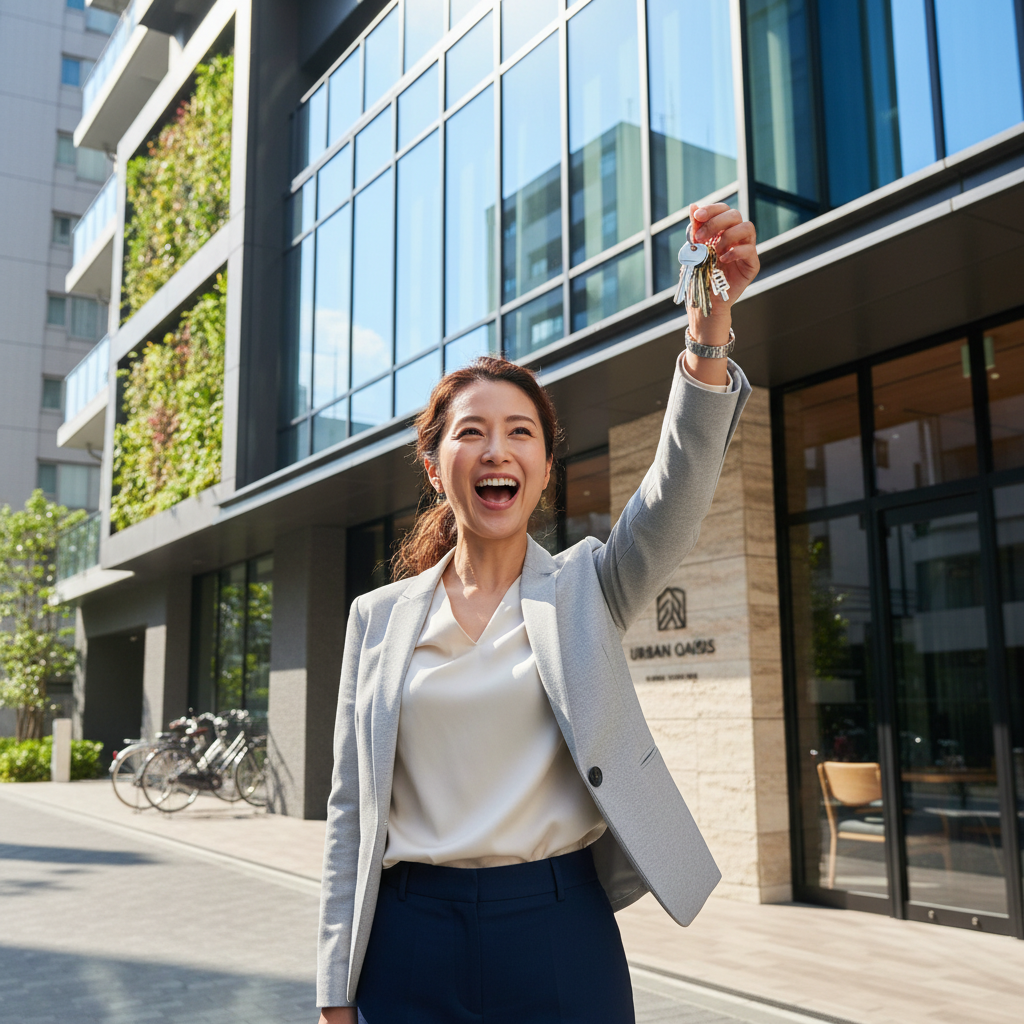 A photorealistic image of a smiling adult Japanese woman in her 30s standing in front of a modern apartment building, holding a set of keys triumphantly after successfully renting a place, symbolizing the achievement of passing a rental application review. The scene is bright and welcoming, with the building's entrance visible in the background, no children present, no documents or text shown.