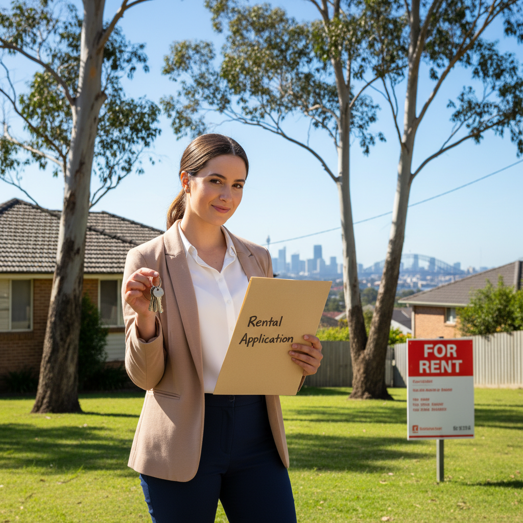 A photorealistic image of a young adult Australian woman standing confidently outside a modern suburban house in Sydney, holding a set of keys in one hand and a rental application folder in the other, with a 'For Rent' sign visible on the front yard, symbolizing successful rental application without showing any legal documents directly.