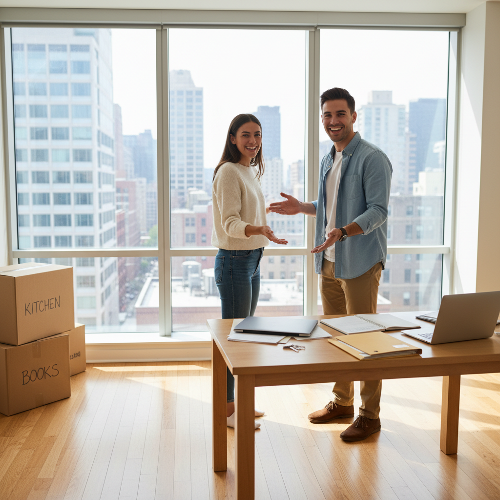 A photorealistic image of a young adult couple in a modern, empty apartment, excitedly discussing and preparing paperwork for a rental application, with moving boxes in the background, symbolizing the start of tenancy without showing any legal documents directly.