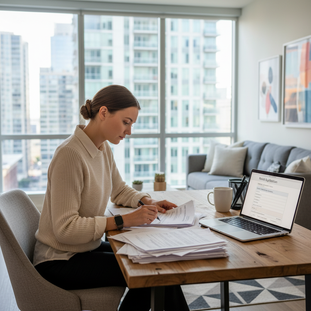 A photorealistic image of a young adult professional sitting at a desk in a modern apartment, reviewing paperwork with a laptop open beside them, symbolizing the process of applying for a rental, conveying excitement and preparation for moving into a new home.