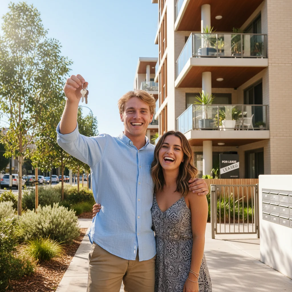 A photorealistic image of a young adult couple in their mid-20s, standing outside a modern Australian suburban apartment building on a sunny day, looking excited and hopeful as they hold a set of keys, symbolizing the successful completion of a rental application and moving into their new home. No children are present. The scene captures the joy of renting in Australia without focusing on any documents.