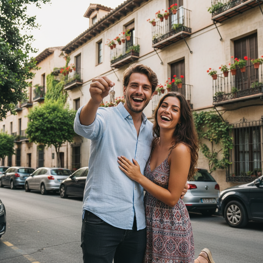 A photorealistic image of a young adult couple standing happily outside a modern Spanish apartment building, holding keys to their new rental home, with a welcoming urban Spanish neighborhood in the background, symbolizing successful rental approval.
