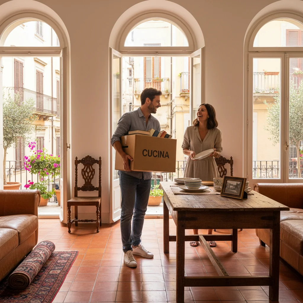 A photorealistic image depicting a young adult couple happily moving into a modern Italian apartment, carrying moving boxes and smiling at each other in a sunny living room with typical Italian decor, symbolizing the excitement of residential leasing in Italy. No children are present in the image.