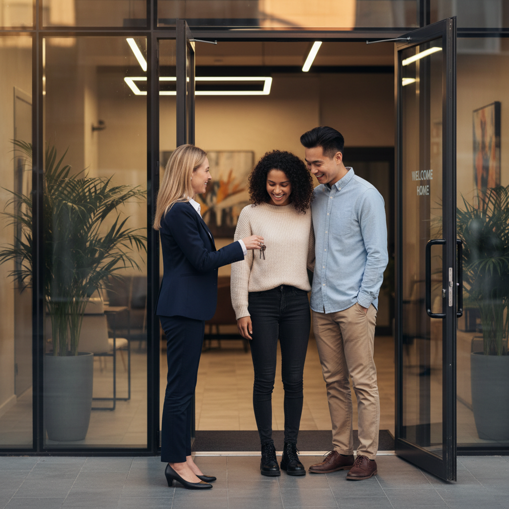 A photorealistic image of a smiling young adult couple receiving keys to a new apartment from a real estate agent, symbolizing the start of a secure residential rental process, with the modern apartment entrance in the background.