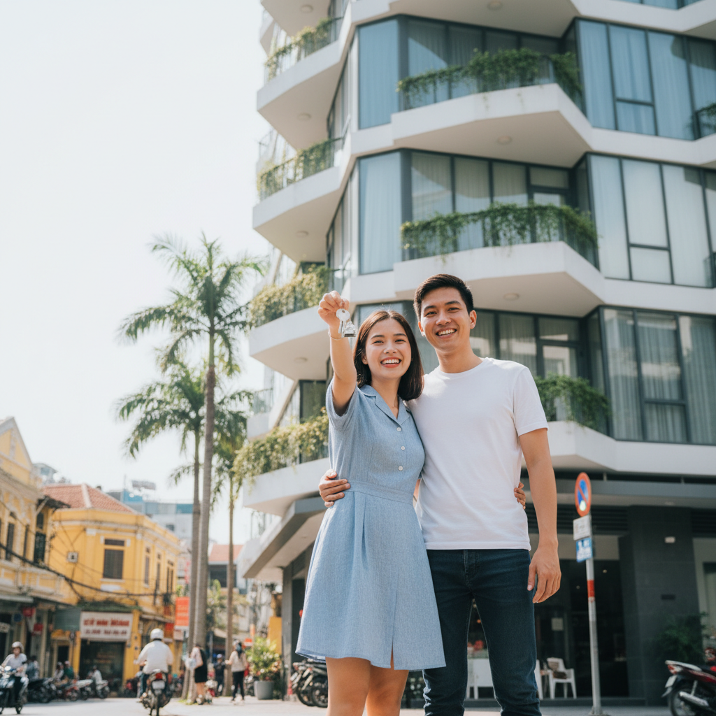 A photorealistic image of a young adult Vietnamese couple standing in front of a modern apartment building in an urban Vietnamese city, smiling happily as they hold keys to their new home, symbolizing the excitement of renting a place to live. The scene captures the essence of starting a new chapter in Vietnam without focusing on any documents.